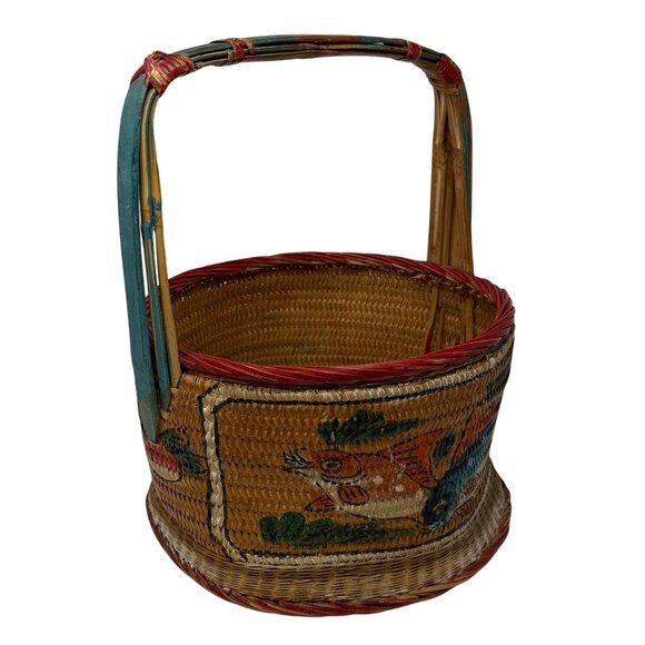Vtg Asian Woven Rattan Wedding Basket Hand Painted Fish Koi Goldfish Floral 14" - Picture 6 of 8